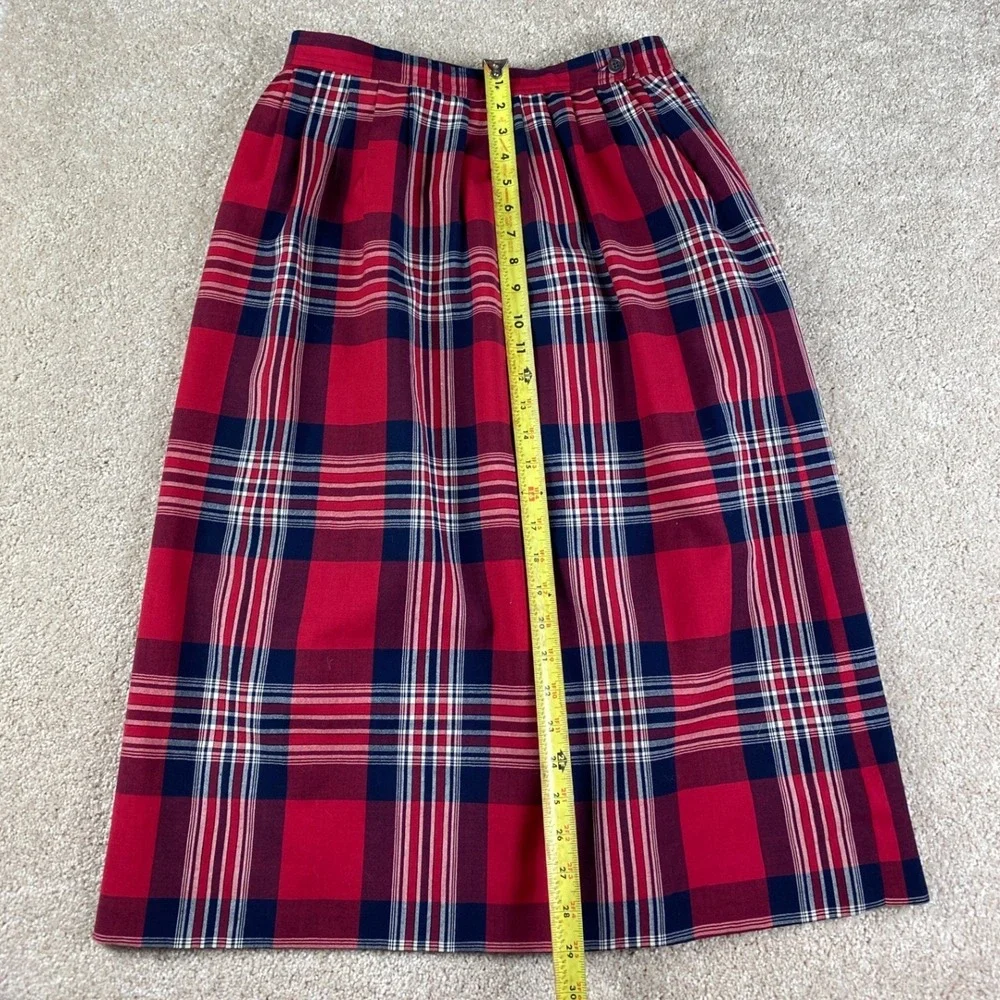 Vintage Petite Pendleton Red Plaid Wool Midi Skirt Size 14 P627-906 Made‎ in USA